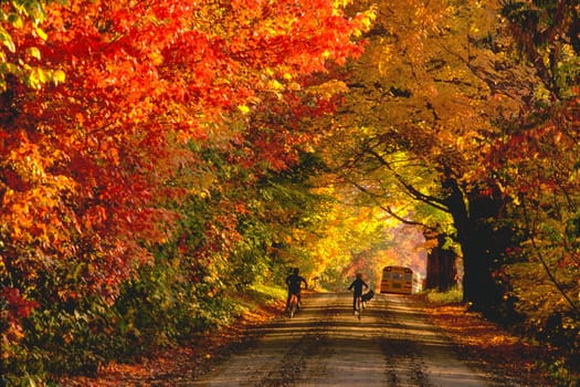 Two boys rushing to school in Jericho, Vermont.