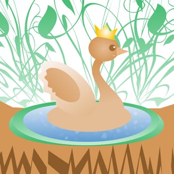 Cute duck with crown on nature background greeting card