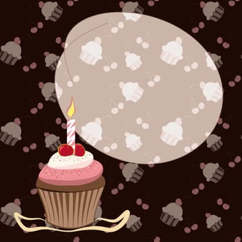 Cherry cupcake with candle birthday invitation card on seamless pattern background