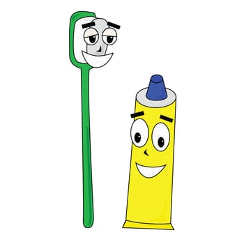 Vector illustration of cartoon showing a toothpaste with its buddy toothbrush, happily showing off their smiles