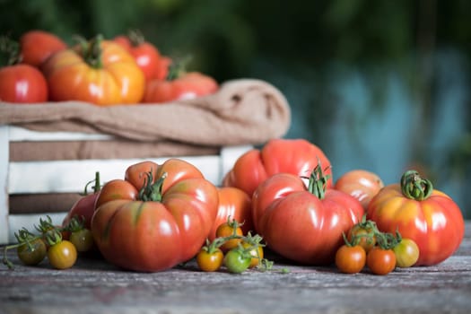 Vegetables, tomatoes on wooden desk