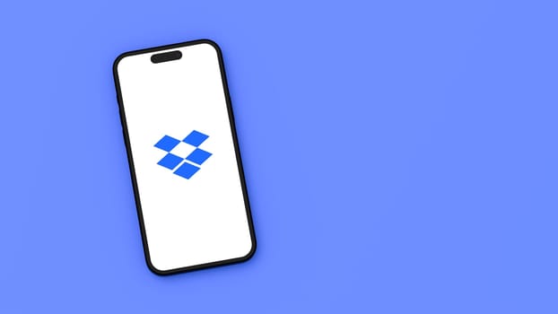 Dropbox Logo on Mobile Phone Screen on Flat Blue Background with Copy Space 3D Render Illustration, Top View
