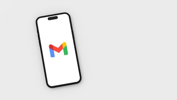 Gmail Logo on Mobile Phone Screen on Flat Light Gray Background with Copy Space 3D Render Illustration, Top View