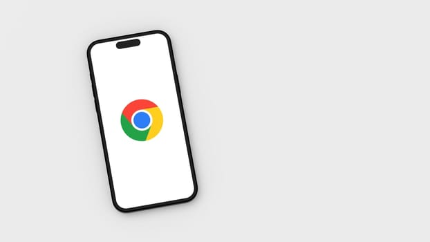 Google Chrome Logo on Mobile Phone Screen on Flat Light Gray Background with Copy Space 3D Render Illustration, Top View