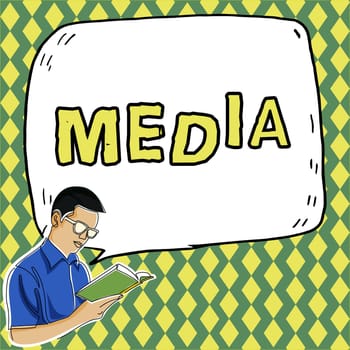 Hand writing sign Media, Word for the main means of mass communication that are regarded collectively