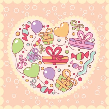 gifts, balloons in heart, vector illustration