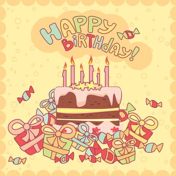 happy birthday card with cake, candles and gifts