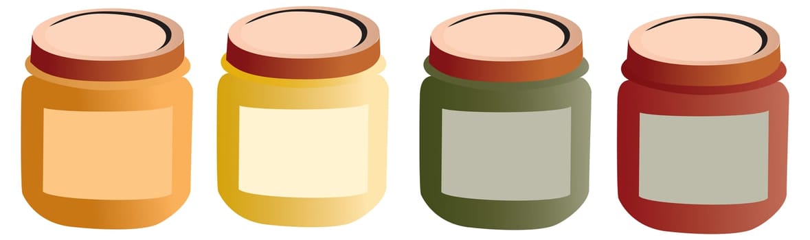 Baby pots, food. Mashed food for baby with label, vectorized