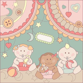 vector cute arrival card with girls and boy