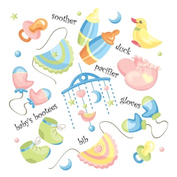 vector set of baby clothing and accessories