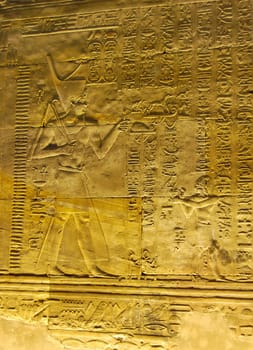 Reliefs of Egyptian hieroglyphs in the interior wall of Edfu temple, Egypt