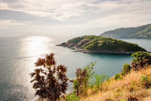 High angle view beautiful landscape of the island and Andaman sea from at Laem Phromthep Cape scenic point is a famous attractions of Phuket Province in Thailand