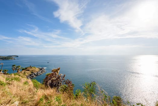 High angle view beautiful landscape of the island and Andaman sea from Laem Phromthep Cape scenic point is a famous attractions of Phuket Province in Thailand