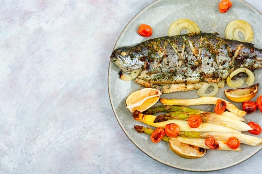 Grilled trout prepared with asparagus. Baked salmon fish on a plate. Space for text
