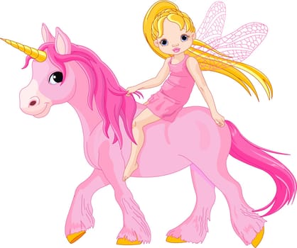 Cute little fairy riding on a unicorn