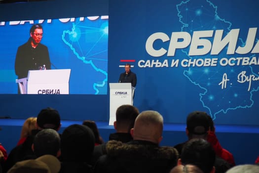 Sremska Mitrovica Serbia 03.17.2023 Rally of the Serbian Progressive Party SNS. President of the Republic of Serbia Aleksandar Vucic speaks to the electorate. Text - Serbia dreams and fulfills dreams