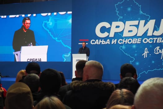Sremska Mitrovica Serbia 03.17.2023 Rally of the Serbian Progressive Party SNS. President of the Republic of Serbia Aleksandar Vucic speaks to the electorate. Text - Serbia dreams and fulfills dreams