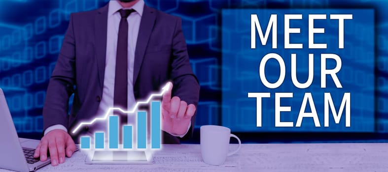 Text caption presenting Meet Our Team, Business overview introducing another person to your team mates in the company