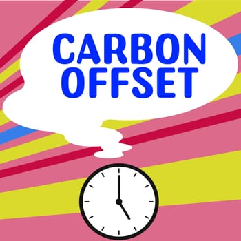 Text caption presenting Carbon Offset, Conceptual photo Reduction in emissions of carbon dioxide or other gases