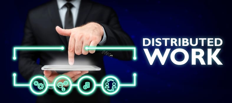 Sign displaying Distributed Work, Business showcase practiced by enterprises using network facilities
