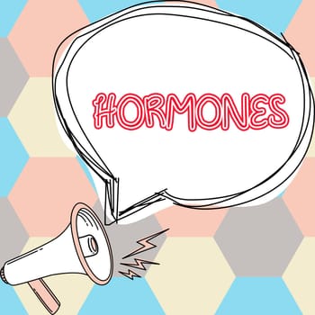 Text caption presenting Hormones, Word Written on regulatory substance produced in organism transported tissue fluids