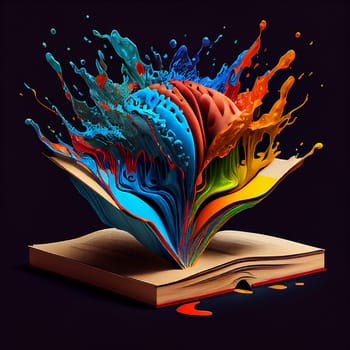 Colorful creative brain with splashes on a book, education concept, brainstorming for ideas, positive attitude, generative AI