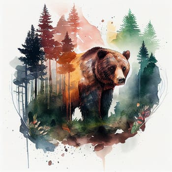 Brown bear in the forest, watercolor drawing, wildlife in the woodland, generative AI