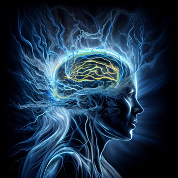 Human brain with energy waves, psychological pressure and stress, epilepsy, migrane attack, burn out or trauma, generative AI