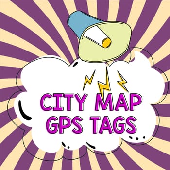 Conceptual display City Map Gps Tags, Word Written on global positioning system location of places in cities
