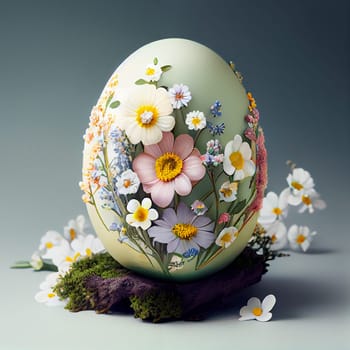 Easter egg with flowers, spring holiday greeting card, pastel color, generative AI
