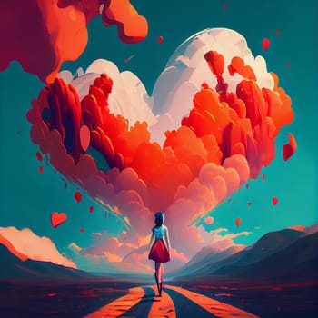 Huge heart in the sky, woman walking on a road, love and passion, self esteem and mental health care concept, positive thinking, creative mind, generative AI