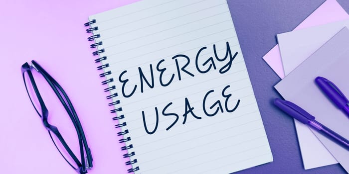 Text showing inspiration Energy Usage, Word for Amount of energy consumed or used in a process or system