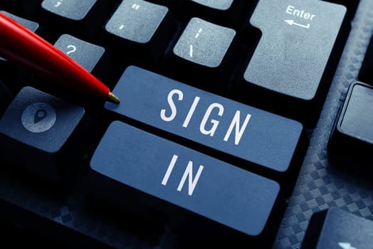 Inspiration showing sign Sign In, Internet Concept to write your name on a form when entering or leaving a place