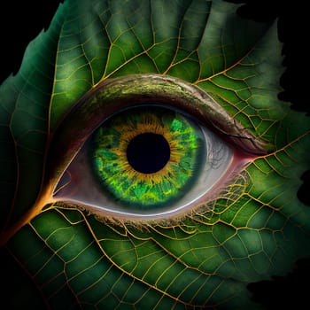 Huge eye in a green leaf, close up of the pupil and eyeball, surreal macro, connect to nature, generative AI