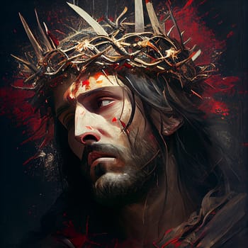 Jesus Christ with crown of thorns on his head, crucifixion and resurrection at Easter, christian belief and religion, generative AI