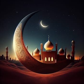 Fastening month of Ramadan, religion of Islam, crescent moon over the mosque, generative AI