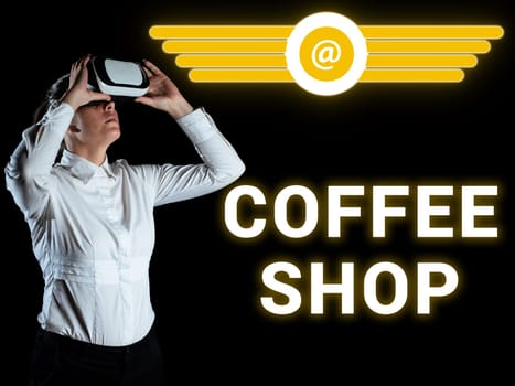 Text sign showing Coffee Shop, Business idea small informal restaurant serving coffee and light refreshments