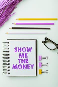 Text sign showing Show Me The Money, Word for Showing the cash before purchasing or making invests