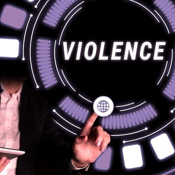 Text caption presenting Violence, Word for the use of physical force to injure, abuse, damage or destroy