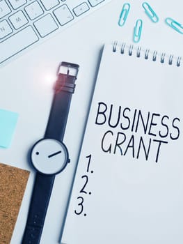 Text sign showing Business Grant, Conceptual photo Working strategies accomplish objectives