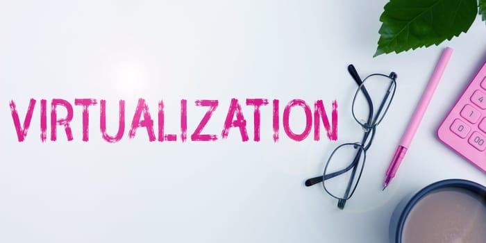 Text caption presenting Virtualization, Business idea application of virtual environment to computer games