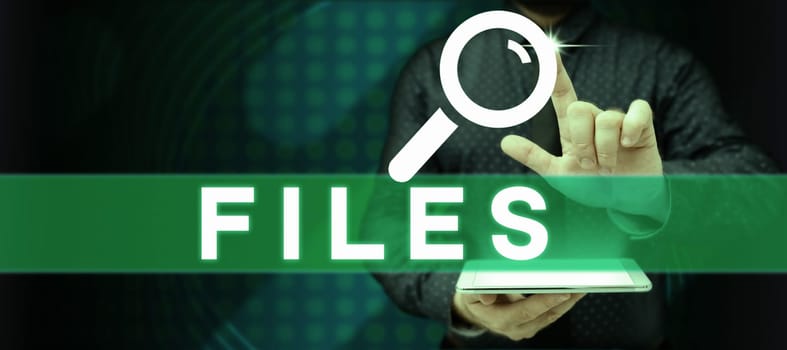 Text caption presenting Files, Word for Folder box for holding loose papers together in orderr easy reference
