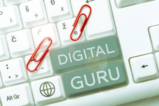 Text sign showing Digital Guru, Business overview teacher and intellectual guide in matters of fundamental concern of electronics
