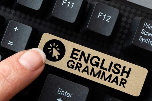 Text showing inspiration English Grammar, Business idea courses cover all levels of speaking and writing in english