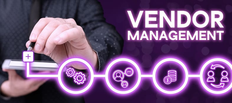 Text caption presenting Vendor Management, Business concept activities included in researching and sourcing vendors