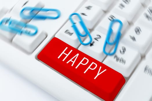 Hand writing sign Happy, Internet Concept Feeling or showing pleasure contentment about something person