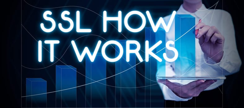 Hand writing sign Ssl How It Works, Word Written on session key is used to encrypt all transmitted data
