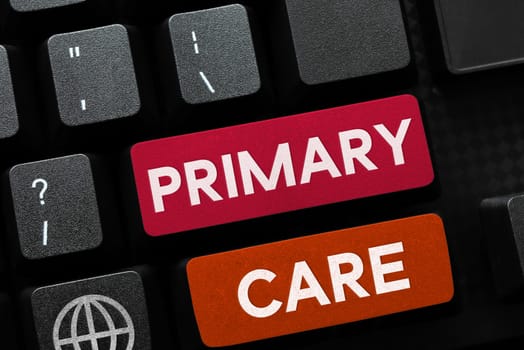 Text caption presenting Primary Care, Word for health care provided by medical practitioner, pediatrician, or nurse