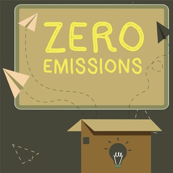 Text caption presenting Zero Emissions, Concept meaning emits no waste products that pollute the environment