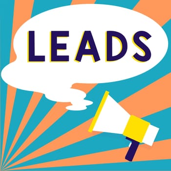 Sign displaying Leads, Business showcase route or means of access to particular place ad campaign